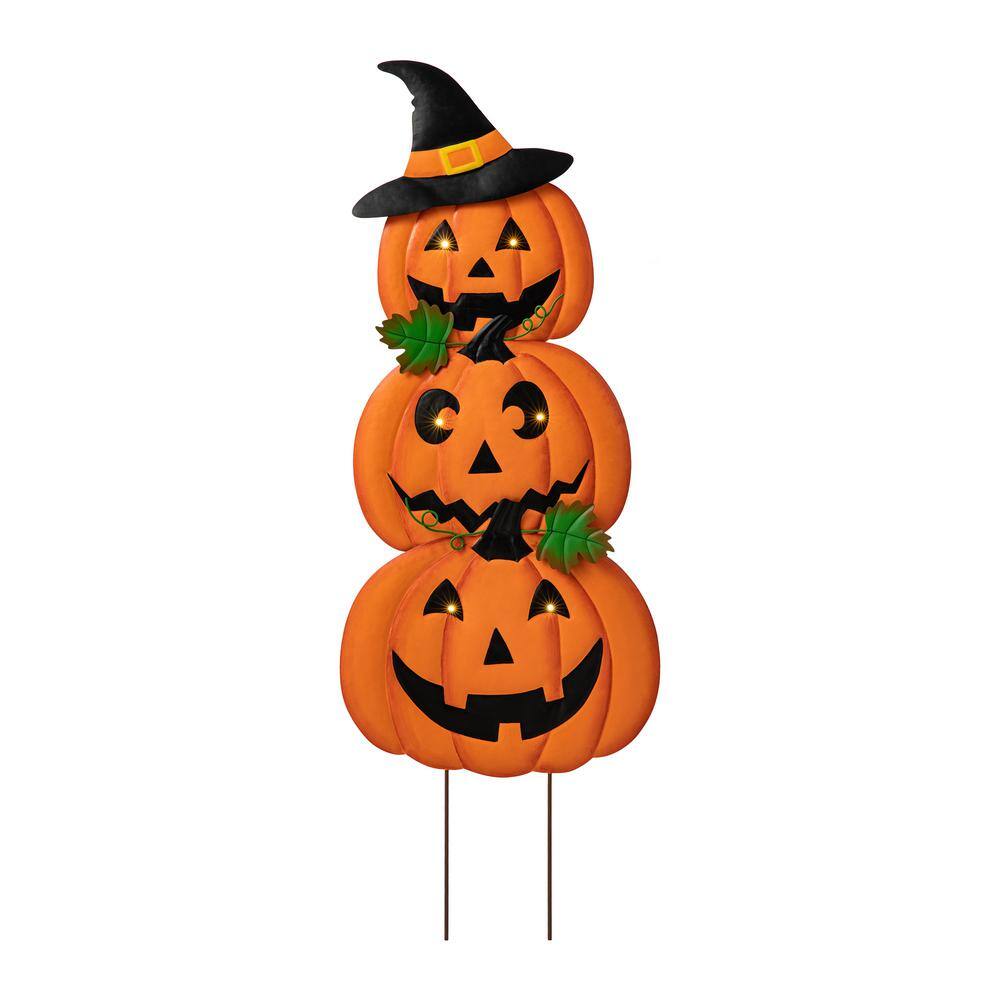 Glitzhome 39.75 in. H Halloween Lighted Metal Stacked Jack-O-Lantern Yard Stake or Hanging Decor (Set of 3)