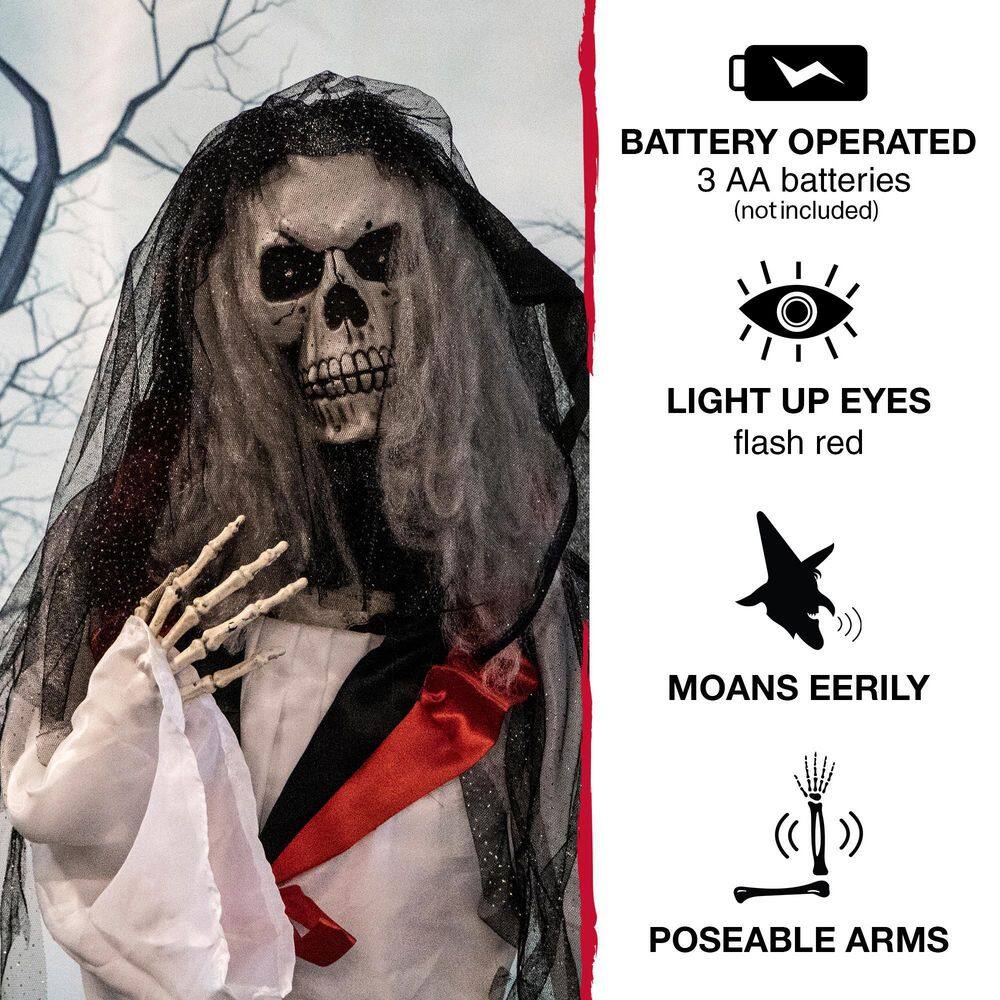 Haunted Hill Farm 5.5 ft. Animatronic Moaning Skeleton Bride Halloween Prop, Flashing Red Eyes, Indoor/Covered Outdoor,Battery-Operated