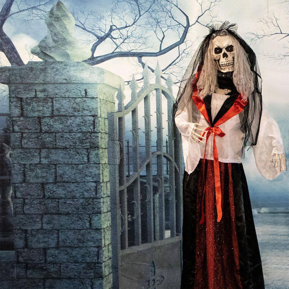 Haunted Hill Farm 5.5 ft. Animatronic Moaning Skeleton Bride Halloween Prop, Flashing Red Eyes, Indoor/Covered Outdoor,Battery-Operated