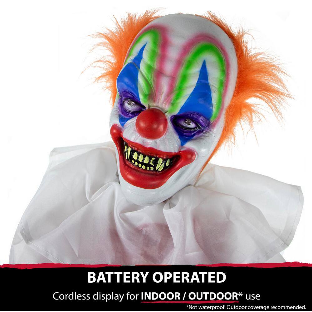 Haunted Hill Farm 65 in. Scary Talking Clown Prop w/ Flashing Red Eyes, Indoor or Covered Outdoor Halloween Decoration, Battery-Operated