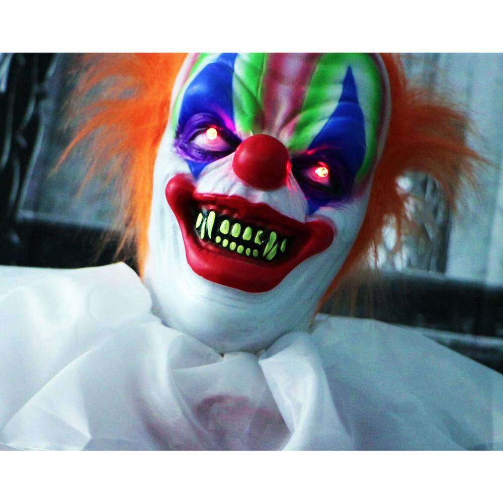 Haunted Hill Farm 65 in. Scary Talking Clown Prop w/ Flashing Red Eyes, Indoor or Covered Outdoor Halloween Decoration, Battery-Operated