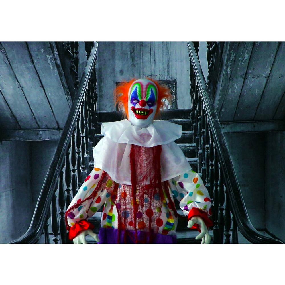 Haunted Hill Farm 65 in. Scary Talking Clown Prop w/ Flashing Red Eyes, Indoor or Covered Outdoor Halloween Decoration, Battery-Operated