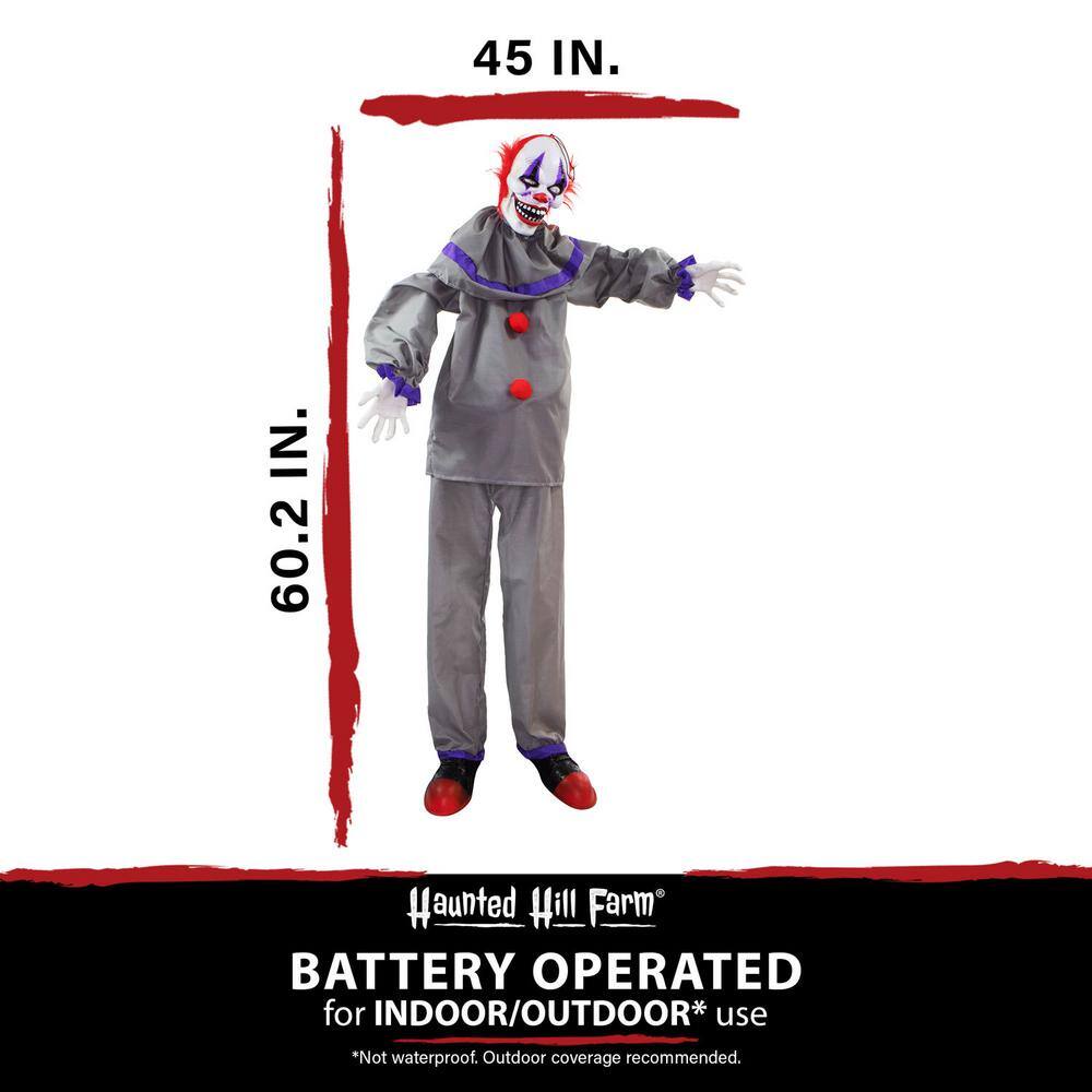 Haunted Hill Farm 5 ft. Grins the Animated Clown, Indoor or Covered Outdoor Halloween Decoration, Battery Operated