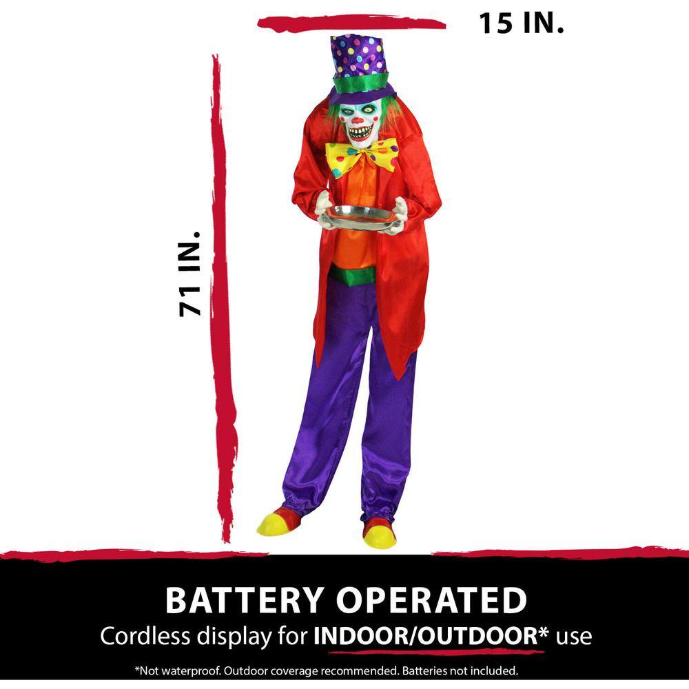 Haunted Hill Farm 71 in. Touch Activated Animatronic Clown, Indoor/Outdoor Halloween Decoration, Flashing Red Eyes, Poseable, Battery-Op