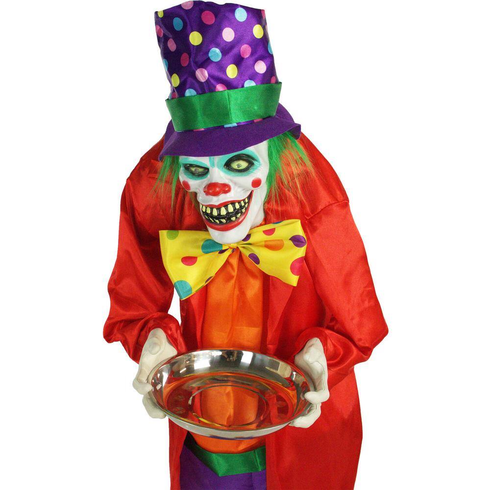 Haunted Hill Farm 71 in. Touch Activated Animatronic Clown, Indoor/Outdoor Halloween Decoration, Flashing Red Eyes, Poseable, Battery-Op