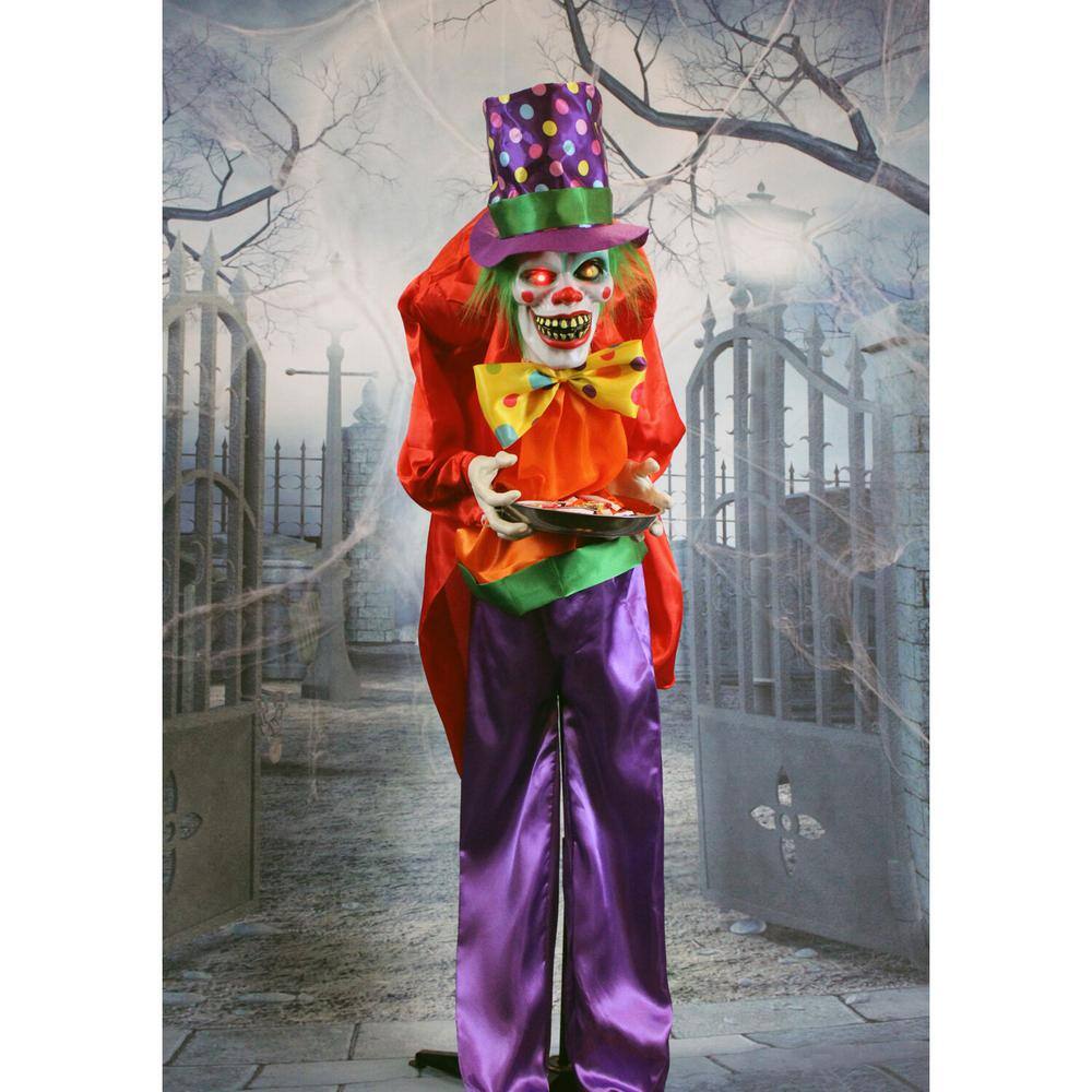 Haunted Hill Farm 71 in. Touch Activated Animatronic Clown, Indoor/Outdoor Halloween Decoration, Flashing Red Eyes, Poseable, Battery-Op