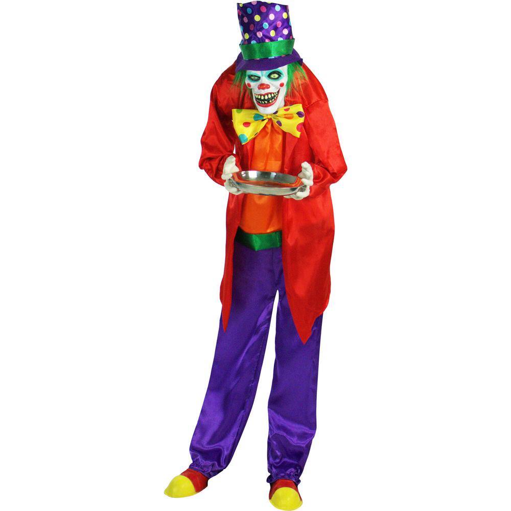 Haunted Hill Farm 71 in. Touch Activated Animatronic Clown, Indoor/Outdoor Halloween Decoration, Flashing Red Eyes, Poseable, Battery-Op