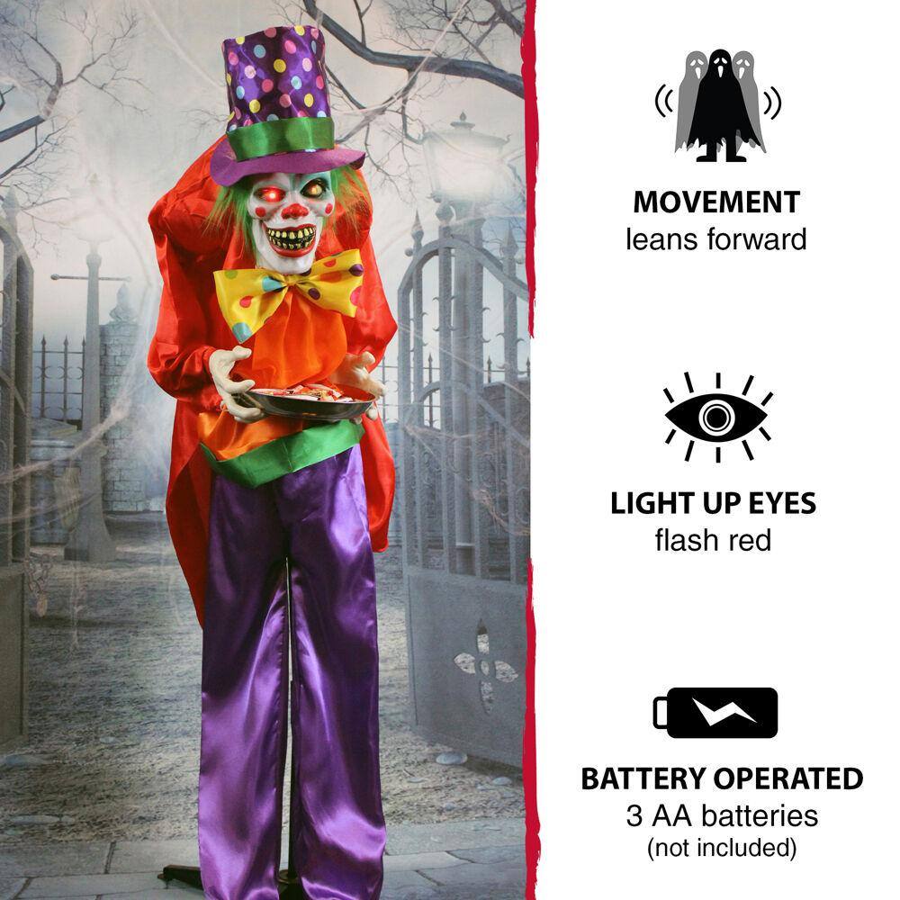 Haunted Hill Farm 71 in. Touch Activated Animatronic Clown, Indoor/Outdoor Halloween Decoration, Flashing Red Eyes, Poseable, Battery-Op