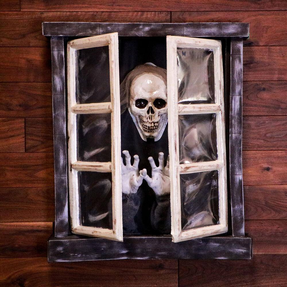 Haunted Hill Farm 33 in. Battery Operated Animated Window Skeleton with Flashing Red Eyes Halloween Prop