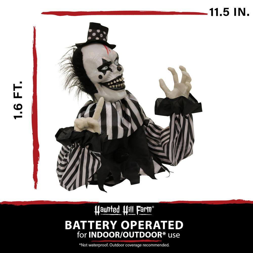 Haunted Hill Farm 20 in. Battery Operated Poseable Groundbreaker Clown with Red LED Eyes Halloween Prop