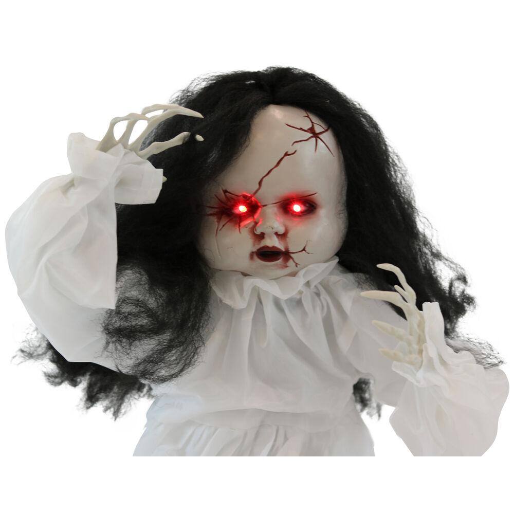 Haunted Hill Farm 24 in. Battery Operated Poseable Haunted Jumping Doll with Red LED Eyes Halloween Prop