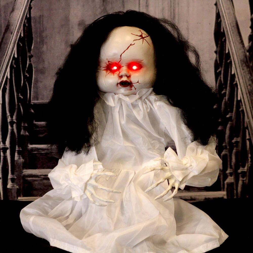 Haunted Hill Farm 24 in. Battery Operated Poseable Haunted Jumping Doll with Red LED Eyes Halloween Prop