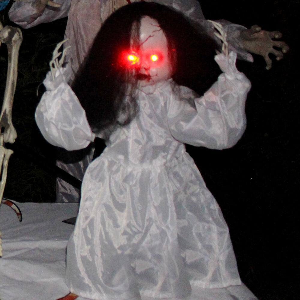 Haunted Hill Farm 24 in. Battery Operated Poseable Haunted Jumping Doll with Red LED Eyes Halloween Prop