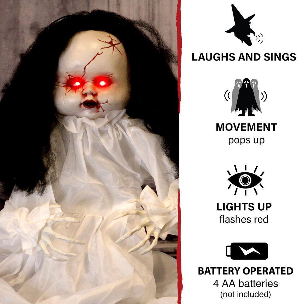 Haunted Hill Farm 24 in. Battery Operated Poseable Haunted Jumping Doll with Red LED Eyes Halloween Prop