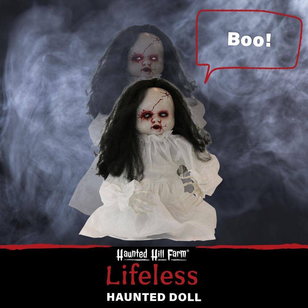 Haunted Hill Farm 24 in. Battery Operated Poseable Haunted Jumping Doll with Red LED Eyes Halloween Prop