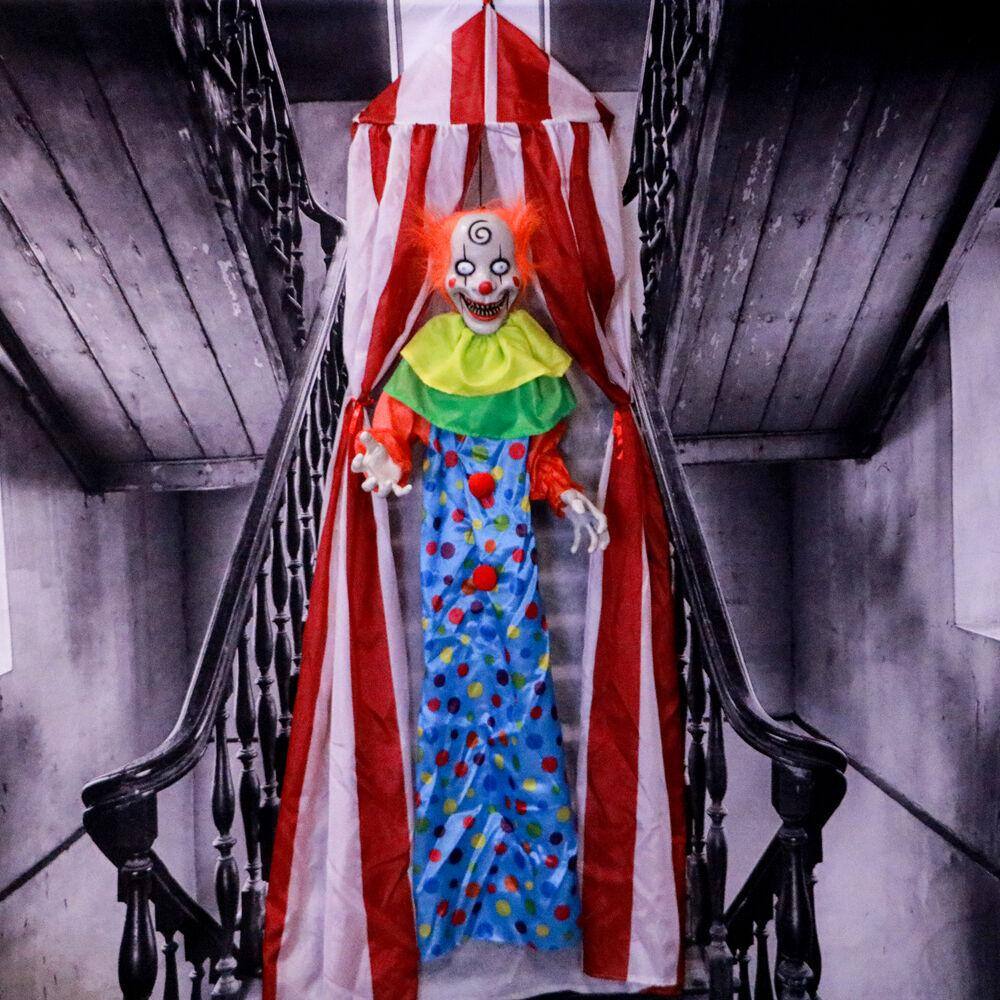 Haunted Hill Farm  72 in. Battery Operated Poseable Hanging Clown with Blue LED Eyes Halloween Prop