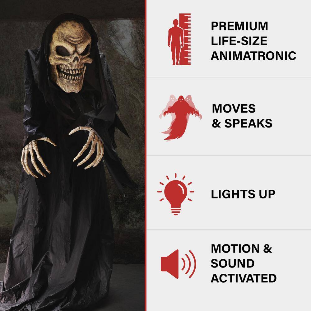 Haunted Hill Farm 85 in. Premium Talking Halloween Animatronic Colossal The Hunched Skeleton Reaper by Tekky