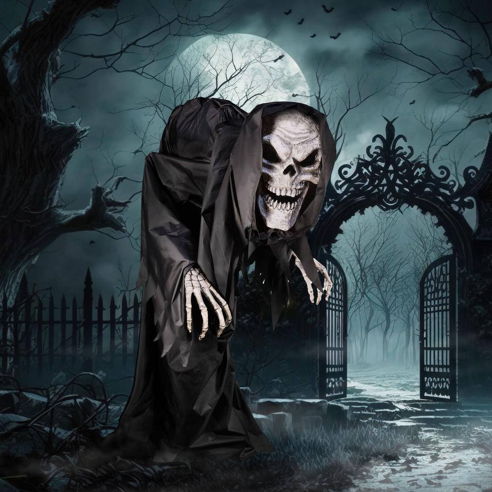 Haunted Hill Farm 85 in. Premium Talking Halloween Animatronic Colossal The Hunched Skeleton Reaper by Tekky