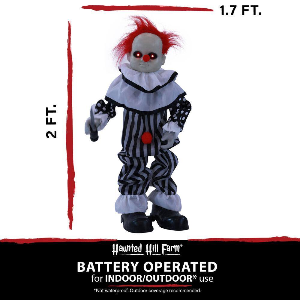 Haunted Hill Farm  25 in. Battery Operated Poseable Animatronic Clown with Red LED Eyes Halloween Prop