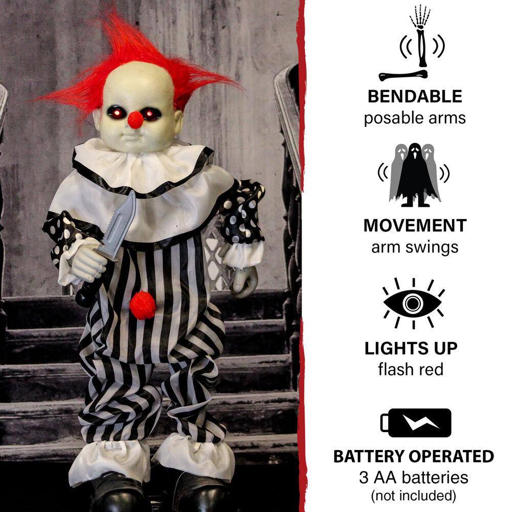 Haunted Hill Farm  25 in. Battery Operated Poseable Animatronic Clown with Red LED Eyes Halloween Prop