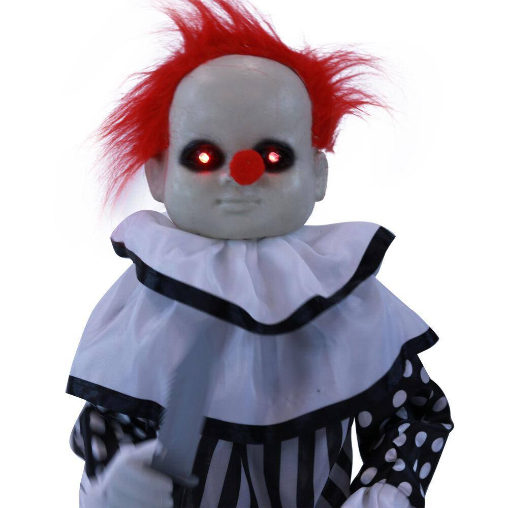 Haunted Hill Farm  25 in. Battery Operated Poseable Animatronic Clown with Red LED Eyes Halloween Prop