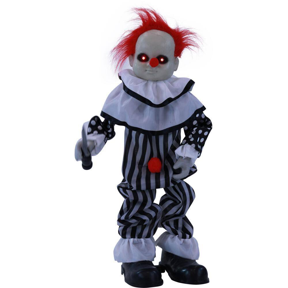 Haunted Hill Farm  25 in. Battery Operated Poseable Animatronic Clown with Red LED Eyes Halloween Prop