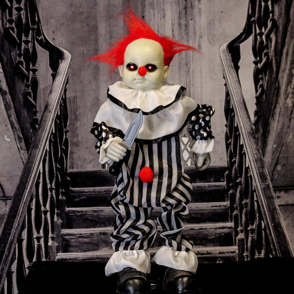 Haunted Hill Farm  25 in. Battery Operated Poseable Animatronic Clown with Red LED Eyes Halloween Prop