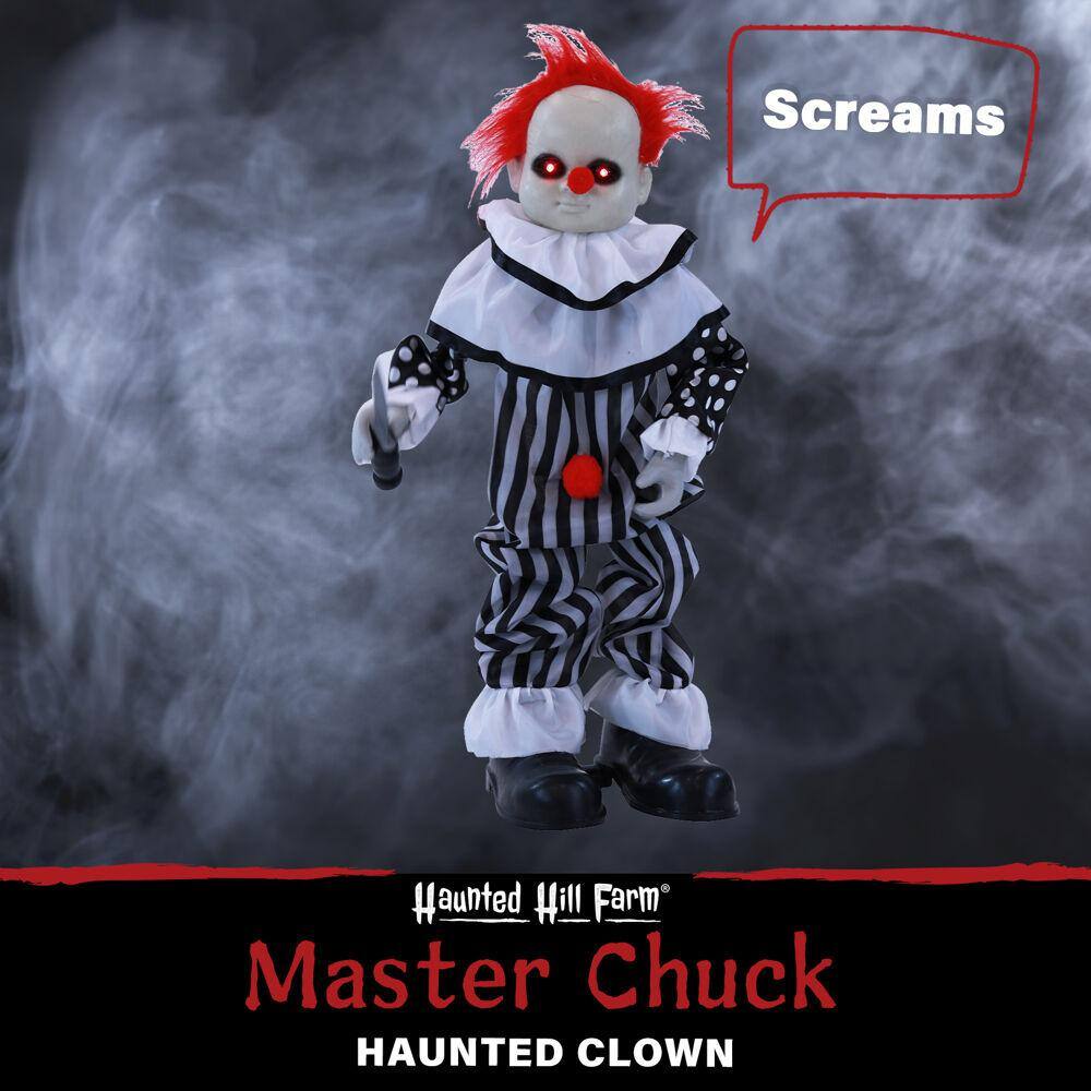 Haunted Hill Farm  25 in. Battery Operated Poseable Animatronic Clown with Red LED Eyes Halloween Prop