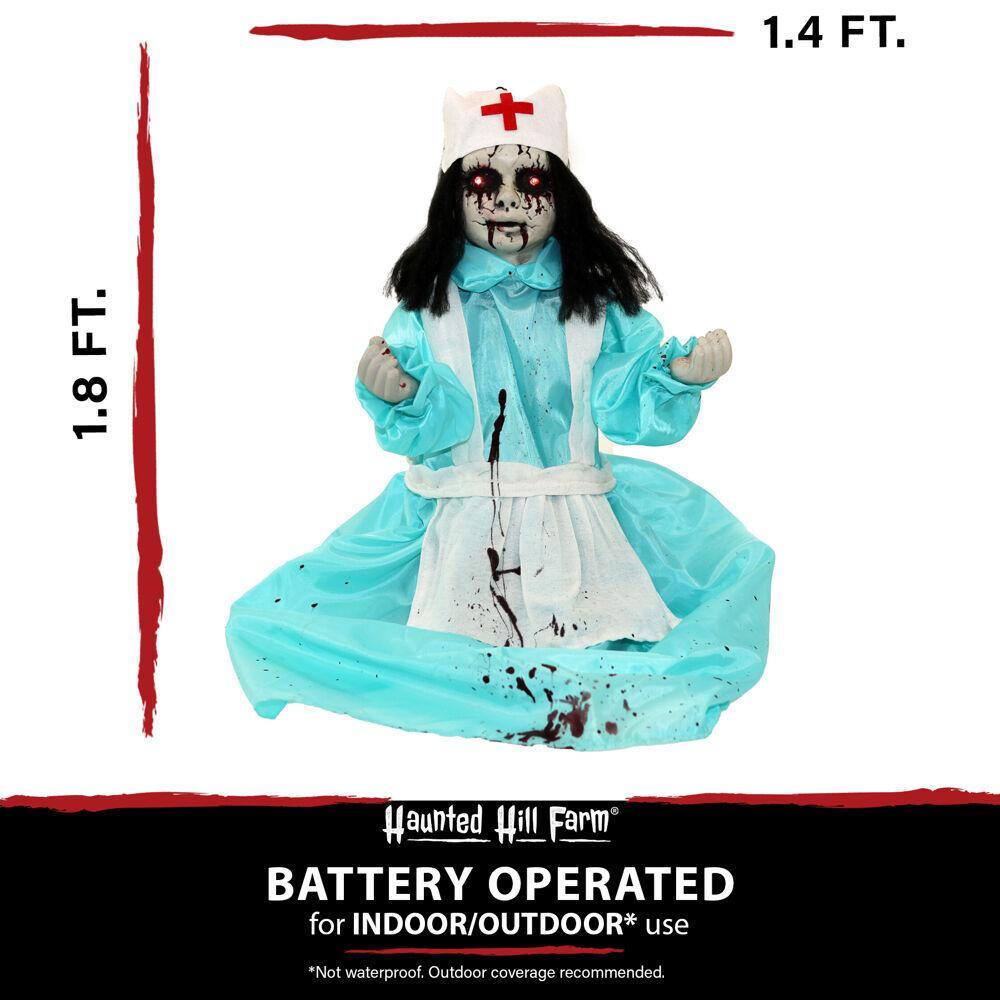 Haunted Hill Farm 21.5 in. Battery Operated Poseable Animatronic Nurse with Red LED Eyes Halloween Prop