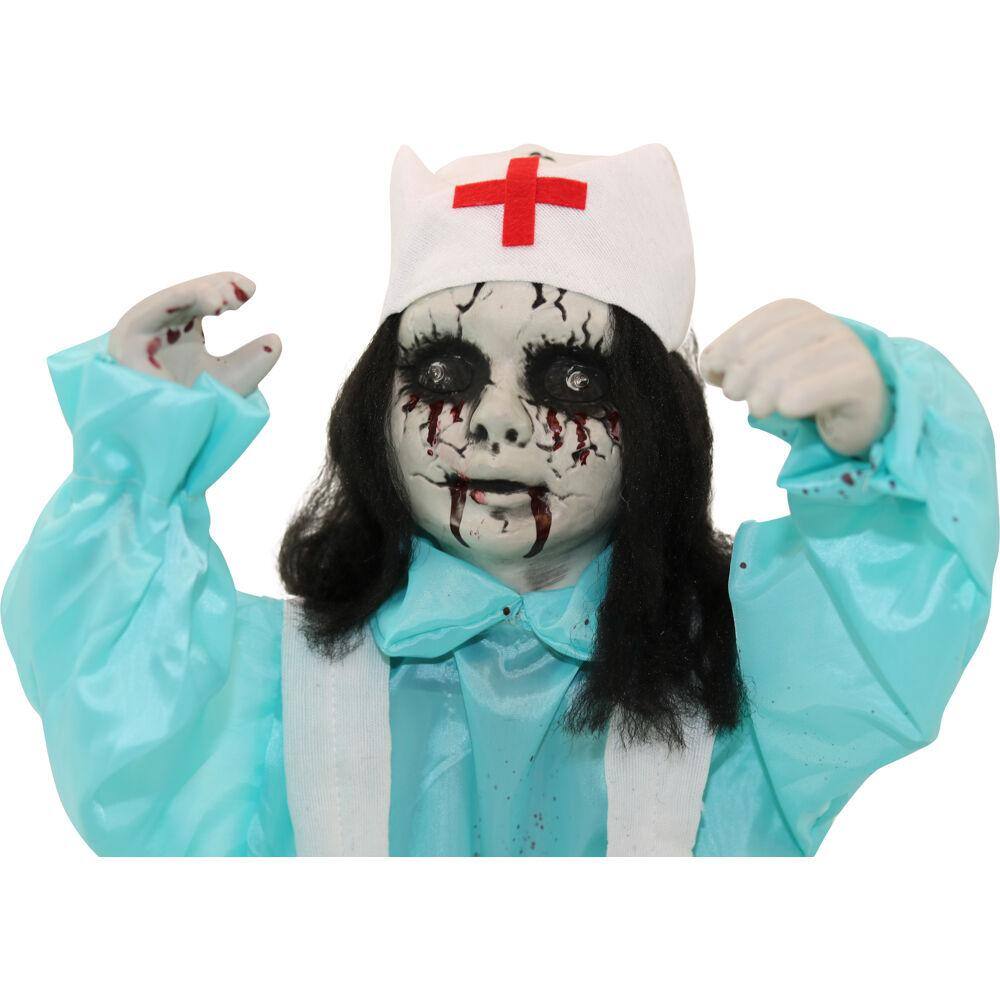 Haunted Hill Farm 21.5 in. Battery Operated Poseable Animatronic Nurse with Red LED Eyes Halloween Prop