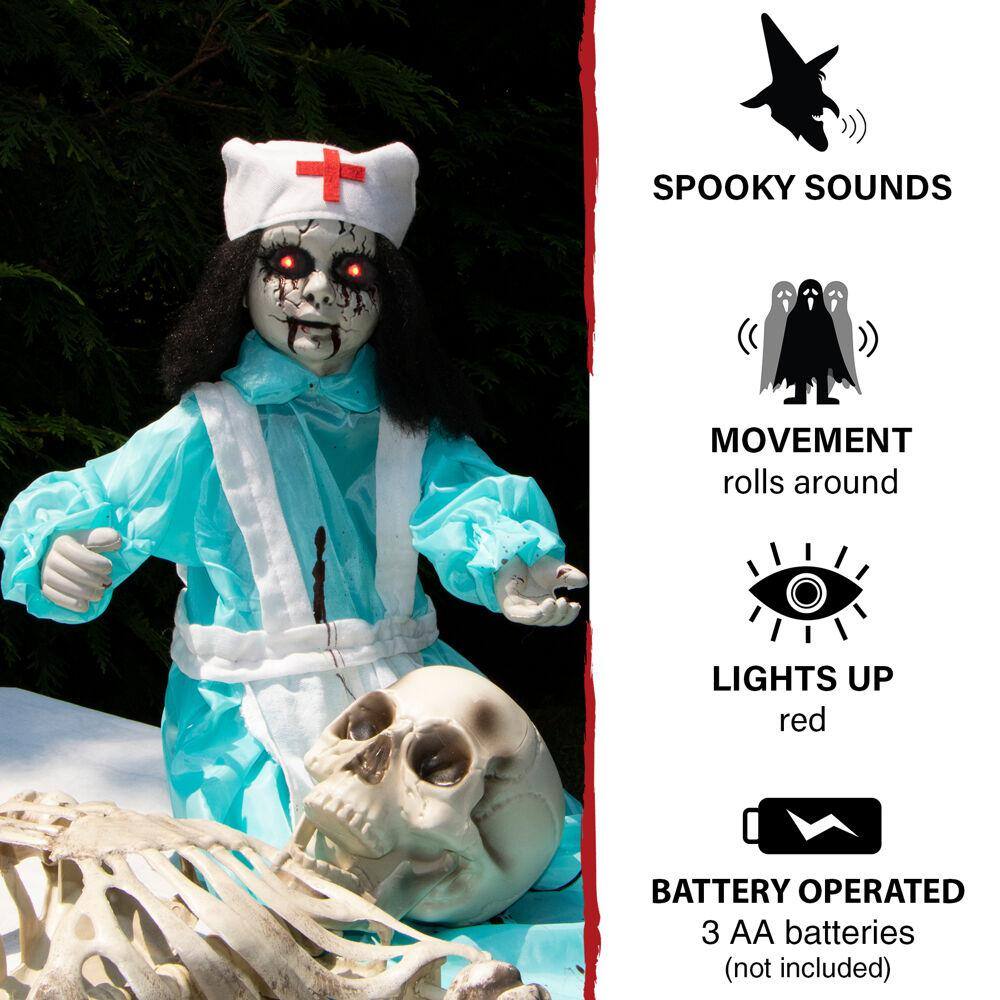 Haunted Hill Farm 21.5 in. Battery Operated Poseable Animatronic Nurse with Red LED Eyes Halloween Prop