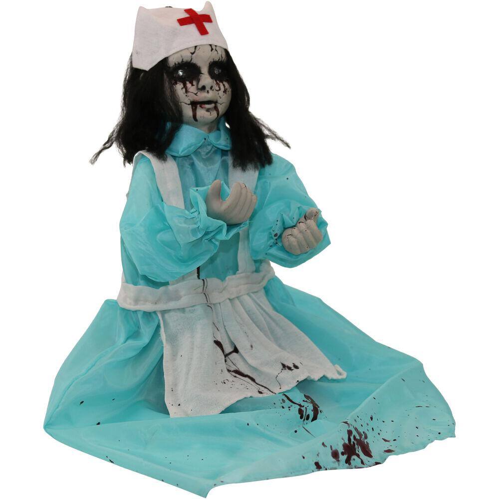 Haunted Hill Farm 21.5 in. Battery Operated Poseable Animatronic Nurse with Red LED Eyes Halloween Prop