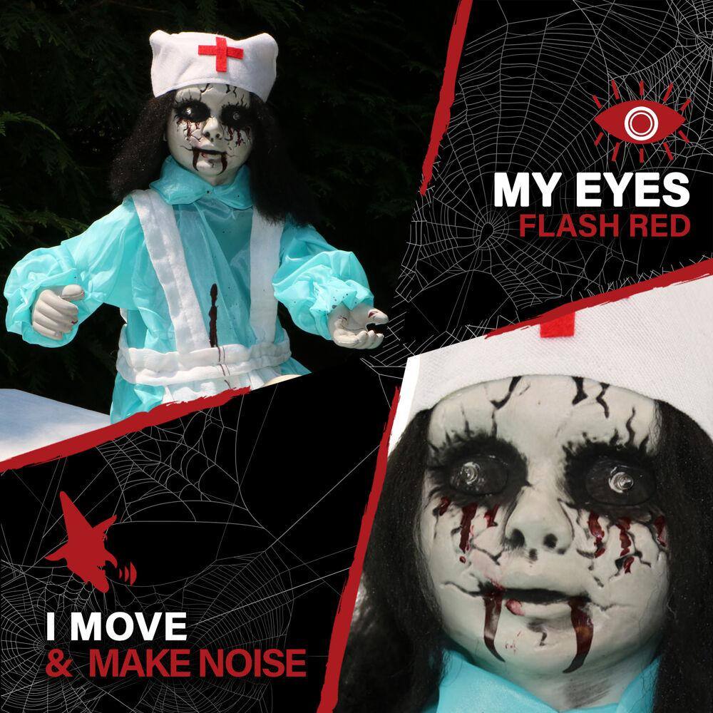 Haunted Hill Farm 21.5 in. Battery Operated Poseable Animatronic Nurse with Red LED Eyes Halloween Prop