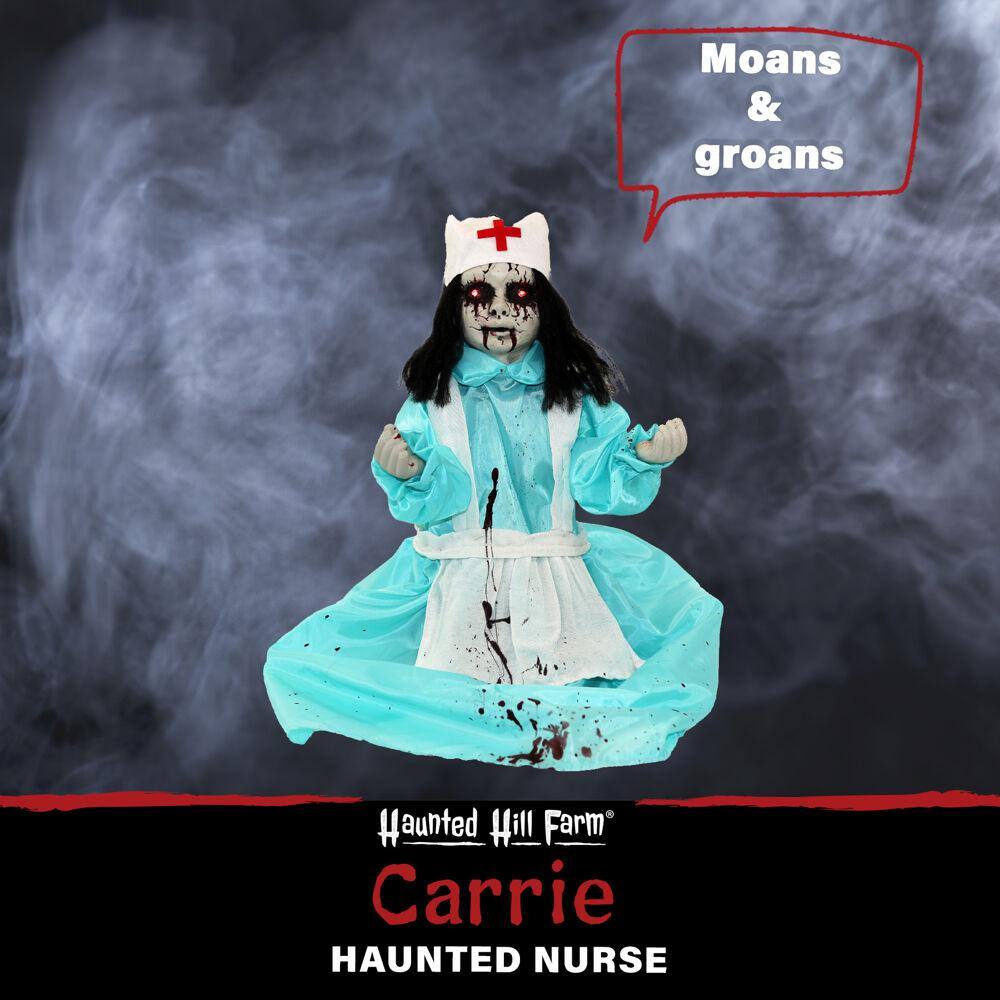 Haunted Hill Farm 21.5 in. Battery Operated Poseable Animatronic Nurse with Red LED Eyes Halloween Prop