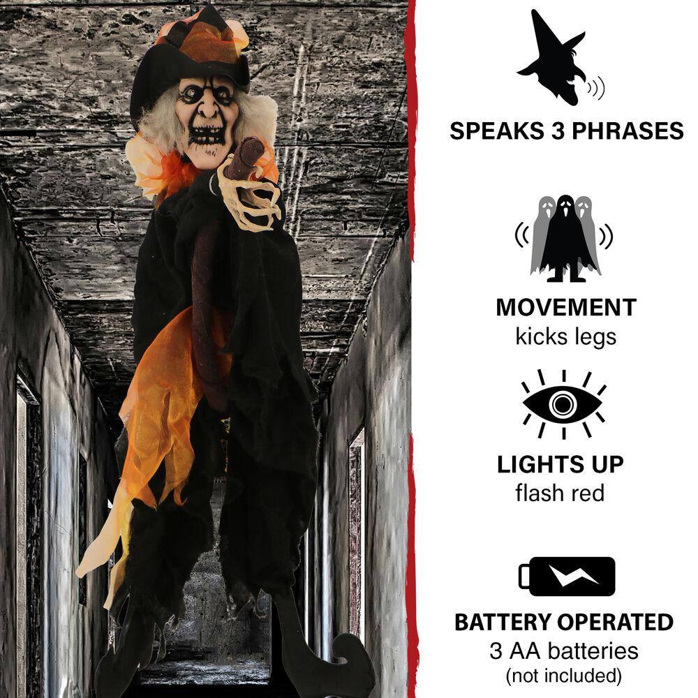 Haunted Hill Farm  30 in. Battery Operated Poseable Animatronic Hanging Witch with Red LED Eyes Halloween Prop