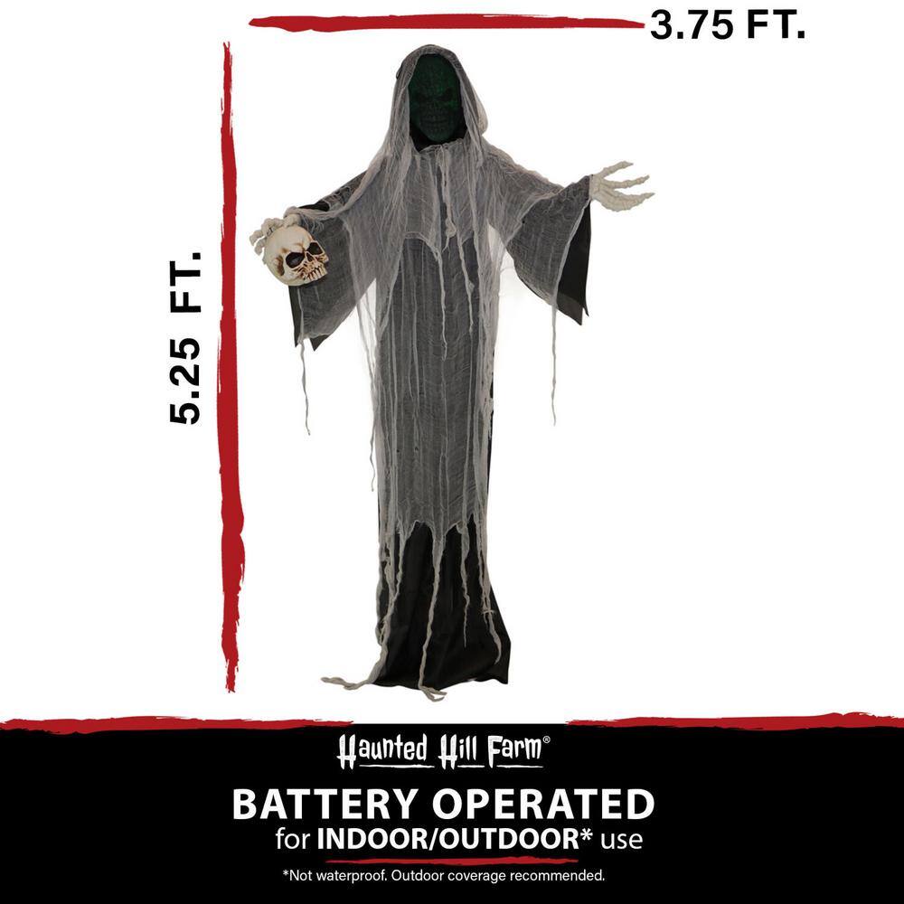 Haunted Hill Farm 5.25 ft. Standing Reaper with LED Green Face, Indoor or Covered Outdoor Halloween Decoration, Battery-Operated, Silence