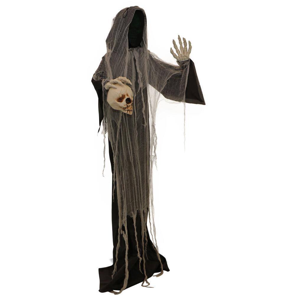 Haunted Hill Farm 5.25 ft. Standing Reaper with LED Green Face, Indoor or Covered Outdoor Halloween Decoration, Battery-Operated, Silence