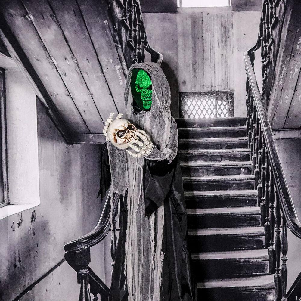 Haunted Hill Farm 5.25 ft. Standing Reaper with LED Green Face, Indoor or Covered Outdoor Halloween Decoration, Battery-Operated, Silence