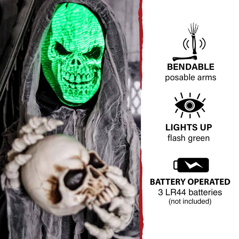 Haunted Hill Farm 5.25 ft. Standing Reaper with LED Green Face, Indoor or Covered Outdoor Halloween Decoration, Battery-Operated, Silence