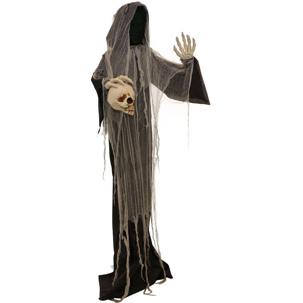 Haunted Hill Farm 5.25 ft. Standing Reaper with LED Green Face, Indoor or Covered Outdoor Halloween Decoration, Battery-Operated, Silence