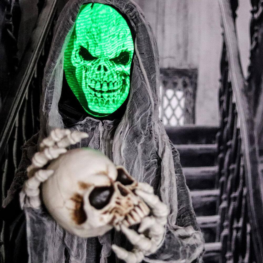 Haunted Hill Farm 5.25 ft. Standing Reaper with LED Green Face, Indoor or Covered Outdoor Halloween Decoration, Battery-Operated, Silence