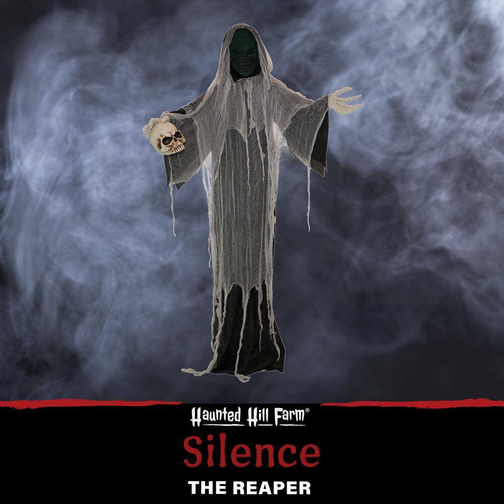 Haunted Hill Farm 5.25 ft. Standing Reaper with LED Green Face, Indoor or Covered Outdoor Halloween Decoration, Battery-Operated, Silence