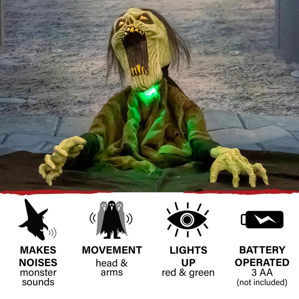 Haunted Hill Farm 21 in. Trevor the Animated Zombie Groundbreaker, Indoor or Covered Outdoor Halloween Decoration, Battery Operated