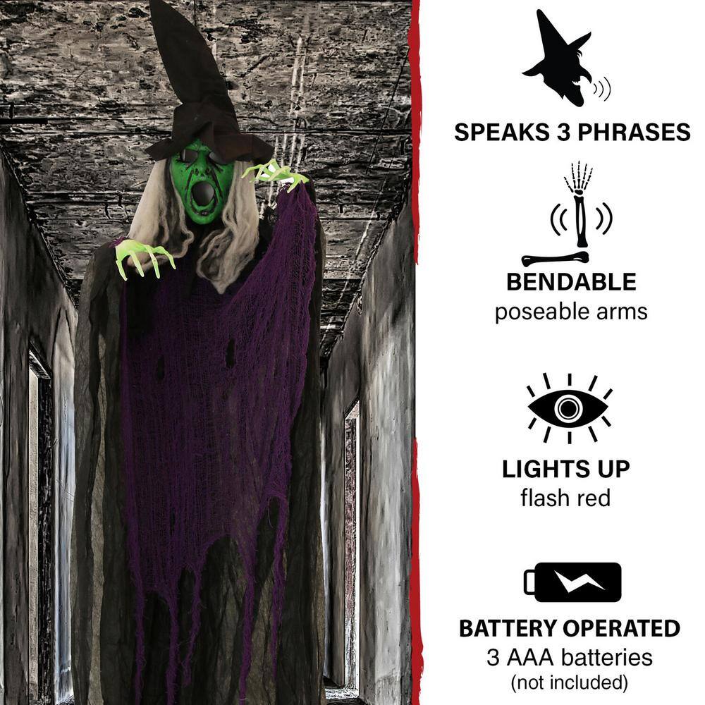 Haunted Hill Farm  70 in. Battery Operated Poseable Hanging Witch with Red LED Eyes Halloween Prop