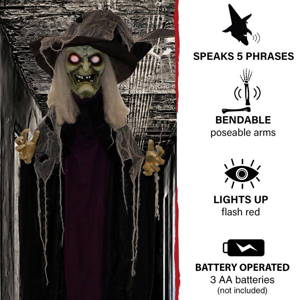 Haunted Hill Farm 83 in. Battery Operated Poseable Standing Witch with Red LED Eyes Halloween Prop