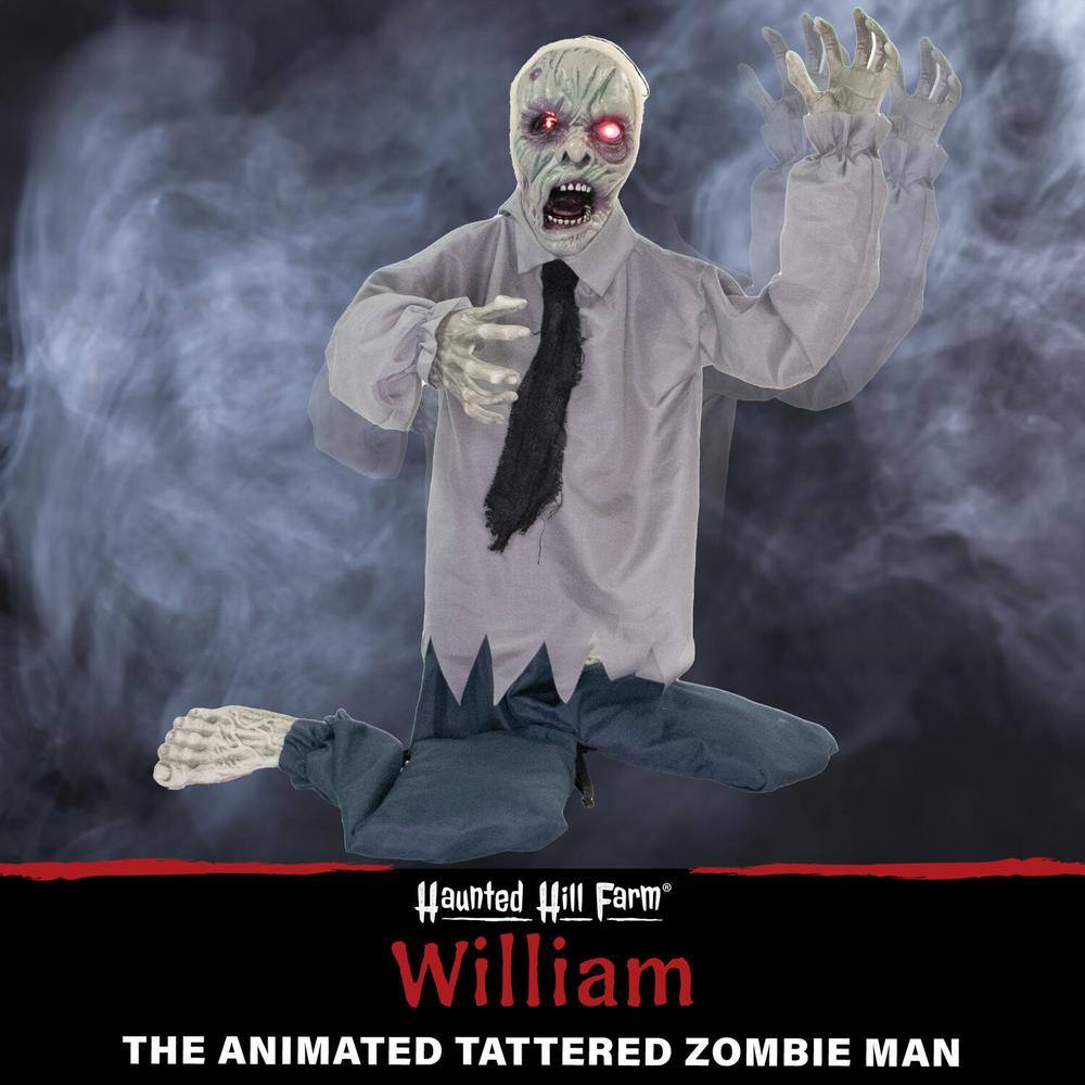 Haunted Hill Farm William the Animated Tattered Zombie Man, Indoor or Covered Outdoor Halloween Decoration, Battery Operated