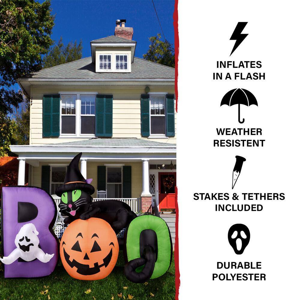 HAUNTED HILL FARM:Haunted Hill Farm  5 ft. Pre-Lit Boo Sign with Black Cat, Jack-O-Lantern and Ghost Halloween Inflatable