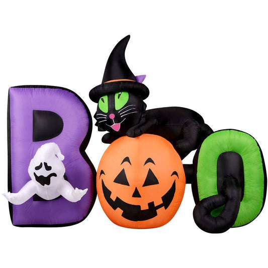 HAUNTED HILL FARM:Haunted Hill Farm  5 ft. Pre-Lit Boo Sign with Black Cat, Jack-O-Lantern and Ghost Halloween Inflatable