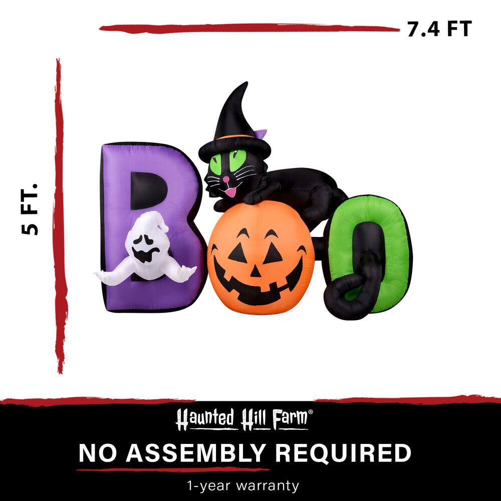 HAUNTED HILL FARM:Haunted Hill Farm  5 ft. Pre-Lit Boo Sign with Black Cat, Jack-O-Lantern and Ghost Halloween Inflatable