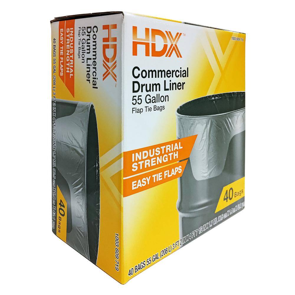 HDX 55 Gal. Clear Heavy-Duty Flap Tie Drum Liner Trash Bags (40-Count)